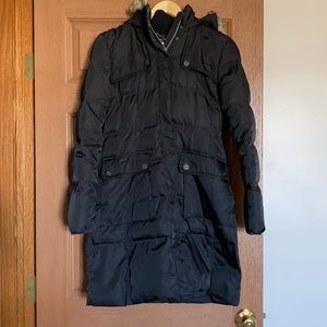 Vince Camuto knee length coat w/ faux fur hood